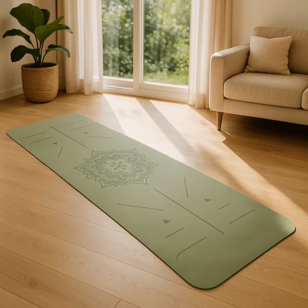 Tapis de gym vert avec fleur de lotus dans salon