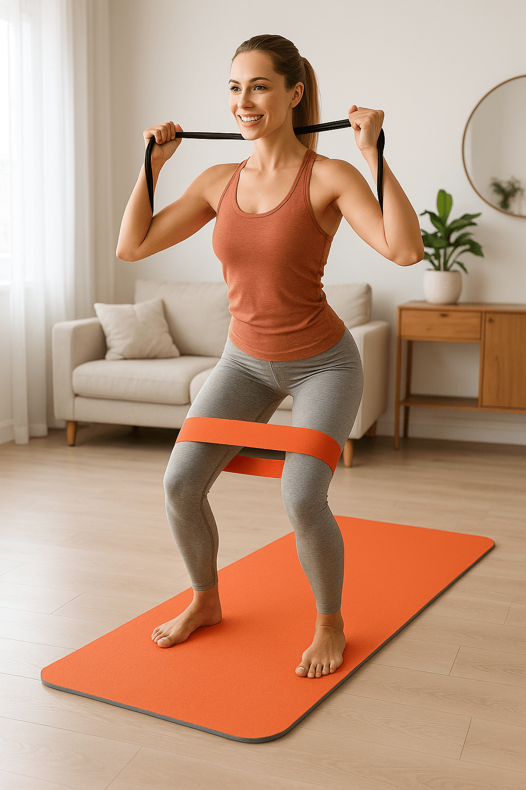 tapis de sport antidérapant orange et femme avec elastique musculation au genoux