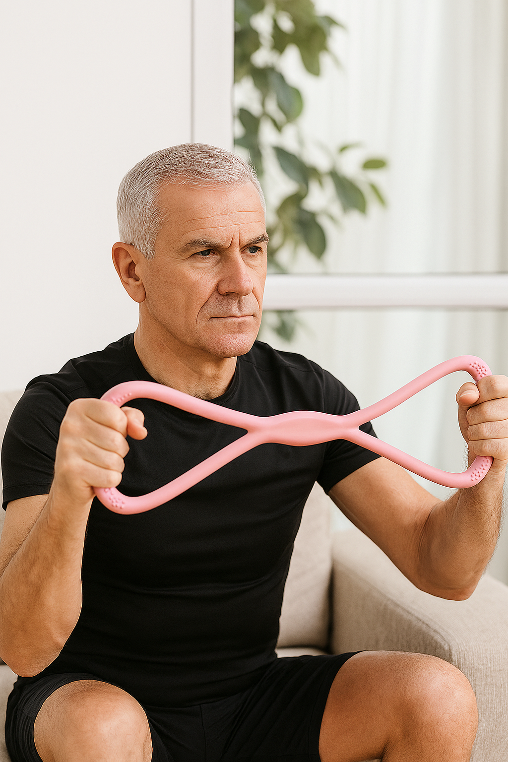 mini band Fitness 55+ homme pratique exercice etirement entre mains