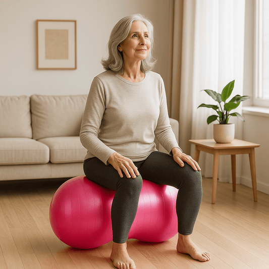 ballon de gym rose femme 70 ans assise sur ballon pratique posture