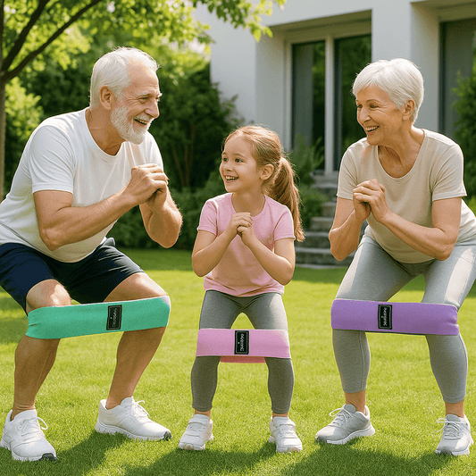 papi et mami avec petite fille pratique exercice avec bande élastique Zen 3 couleur - vert - rose et mauve