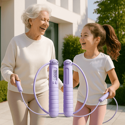 Grand-mère ave petite se prepare pour exercice avec corde a sauter FitnessPro Mauve