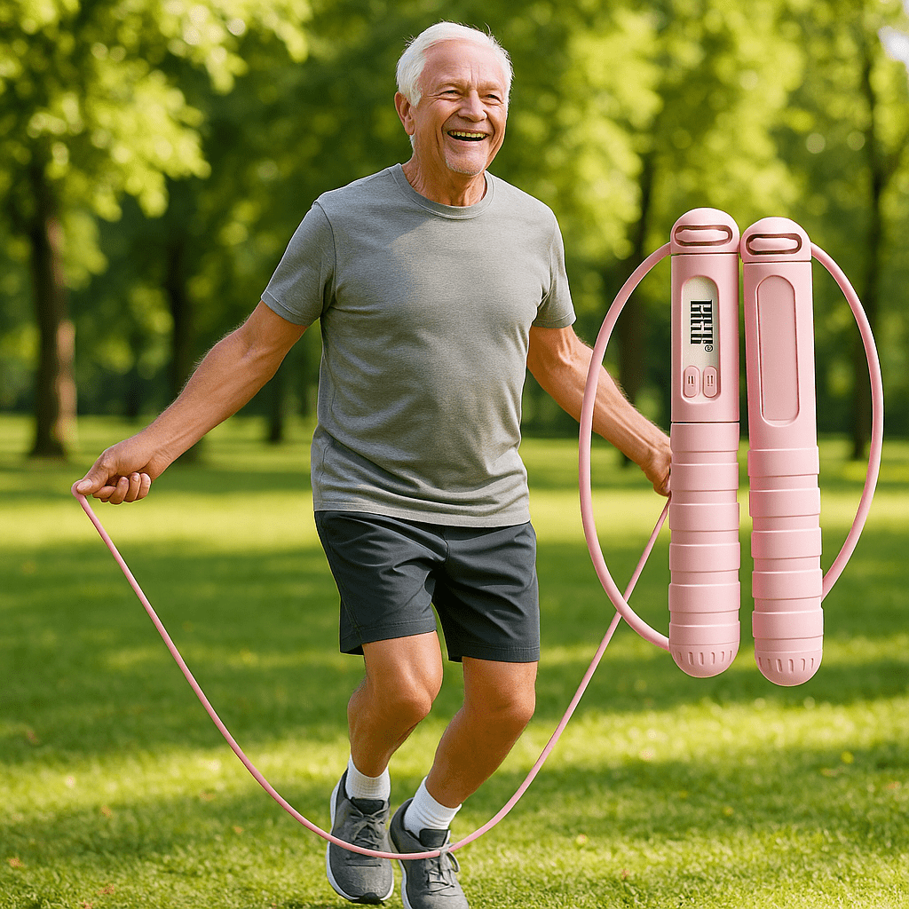 Homme 70 ans pratique avec corde a sauter rose dehors