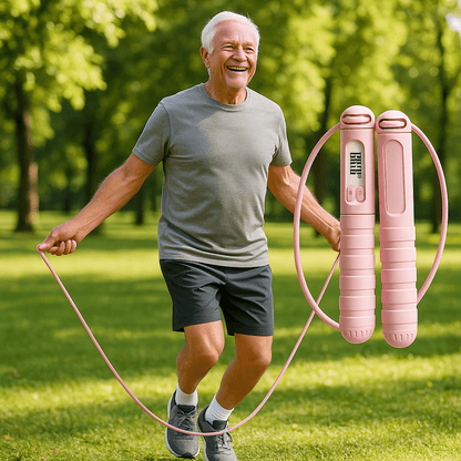 Homme 70 ans pratique avec corde a sauter rose dehors