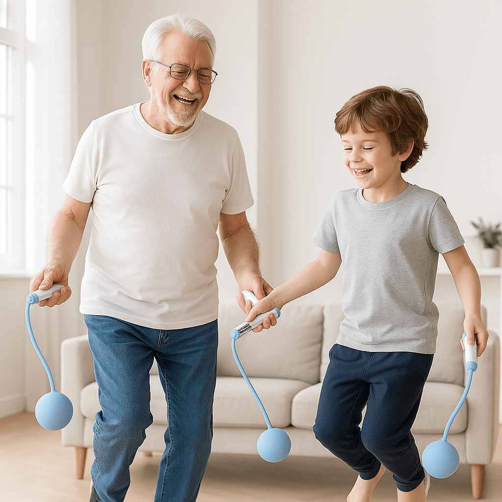 grand pere avec petit fils pratique corde a sauter sans corde bleu pale