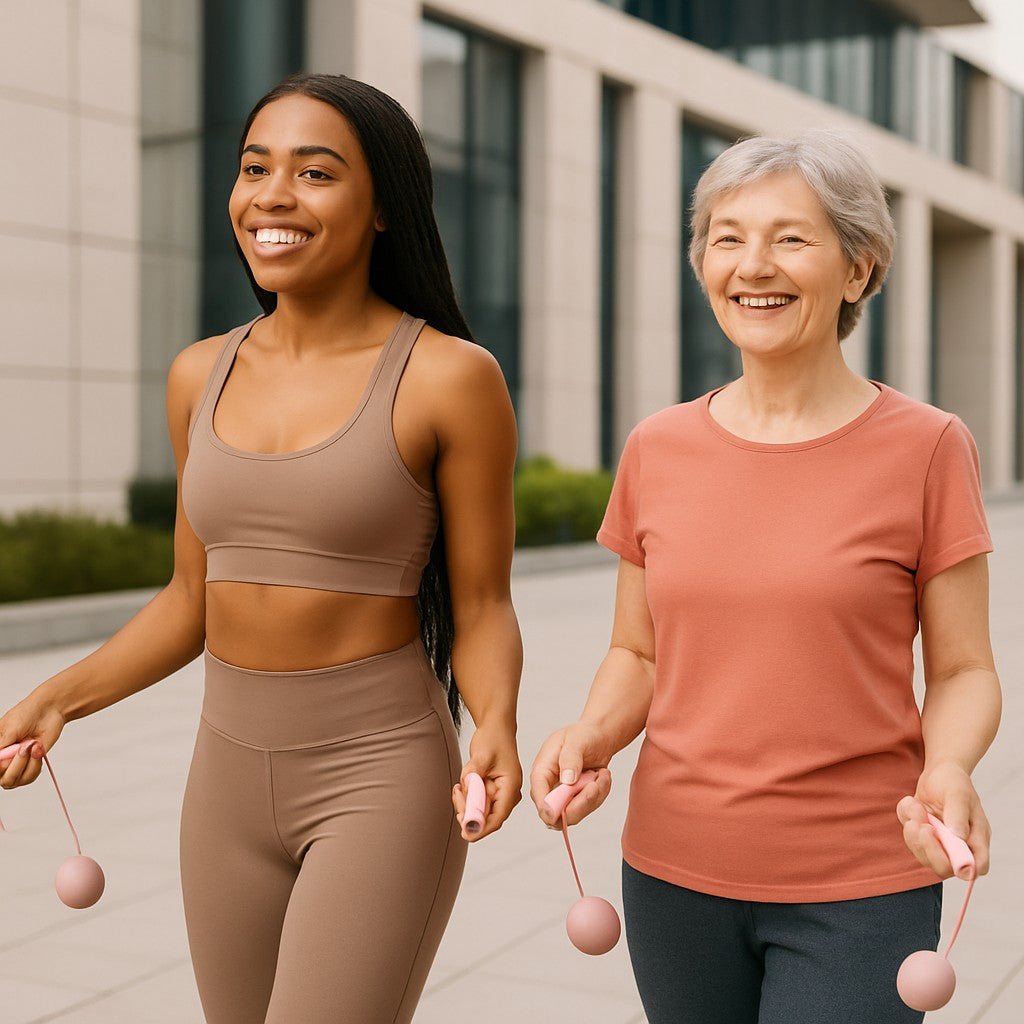 coach avec eleve femme 65 ans pratique corde a sauter sans corde rose
