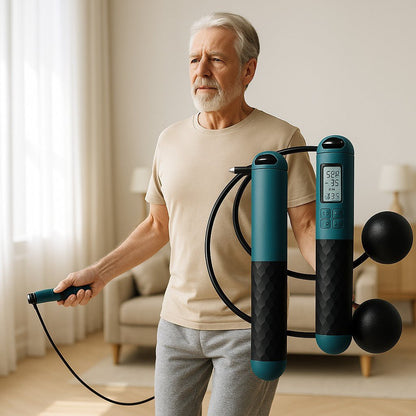 homme 68 ans pratique cardio avec corde a sauter sans corde noir et vert