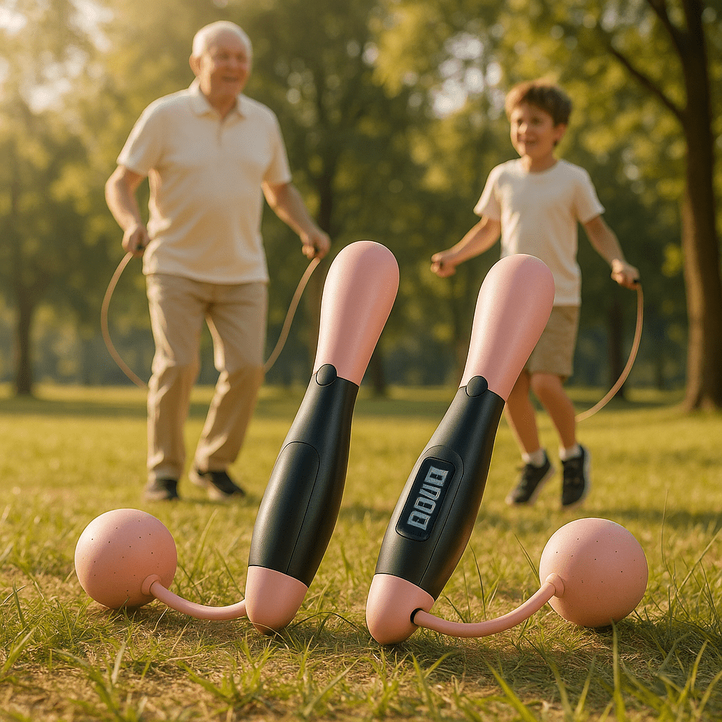 Grand pere avec petit fils pratique avec corde a sauter sans corde VitaNova noir et rose