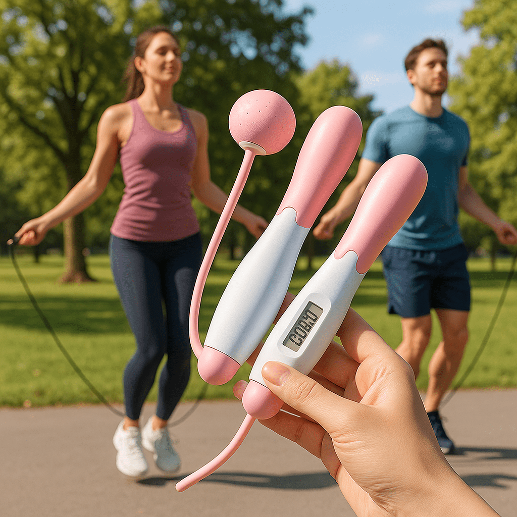 couple 60 ans pratique avec corde a sauter sans corde VitaNova Rose et blanc