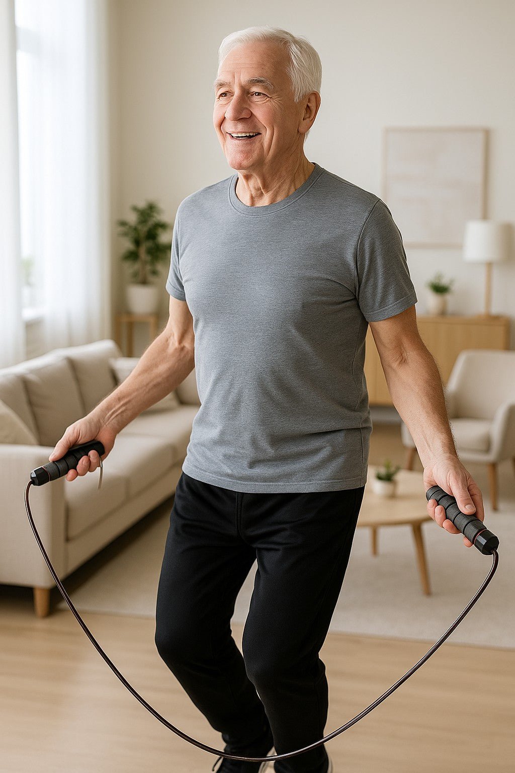 homme 70 ans pratique corde a sauter dans salon 