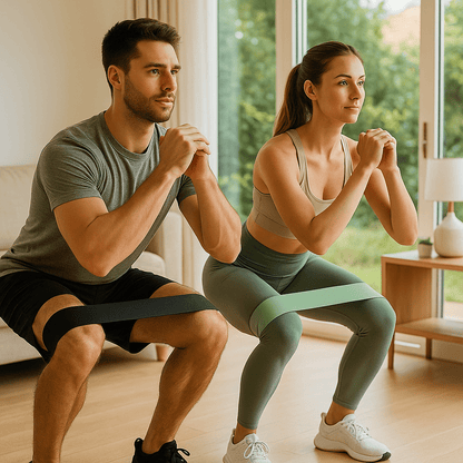 couple 55 ans_ font exercice squat avec elastique musculation elle elastique vert Xtra_léger lui avec elastique noir Xtra lourd