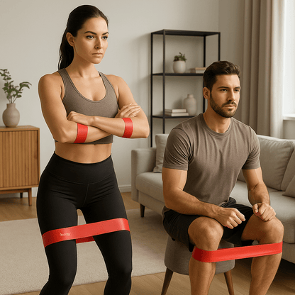 couple 55 ans pratique exercice avec elastique musculation elle debout avec elastique musculation au niveau cuisse couleur rouge densité lourd lui  elastique niveau genoux couleur rouge lourd