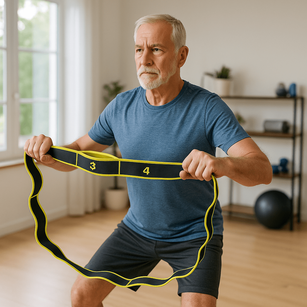 elastique musculation VitalForm  homme tient elastique dans main et fait quat