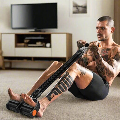 homme 60 ans exercice elastique musculation dans salon