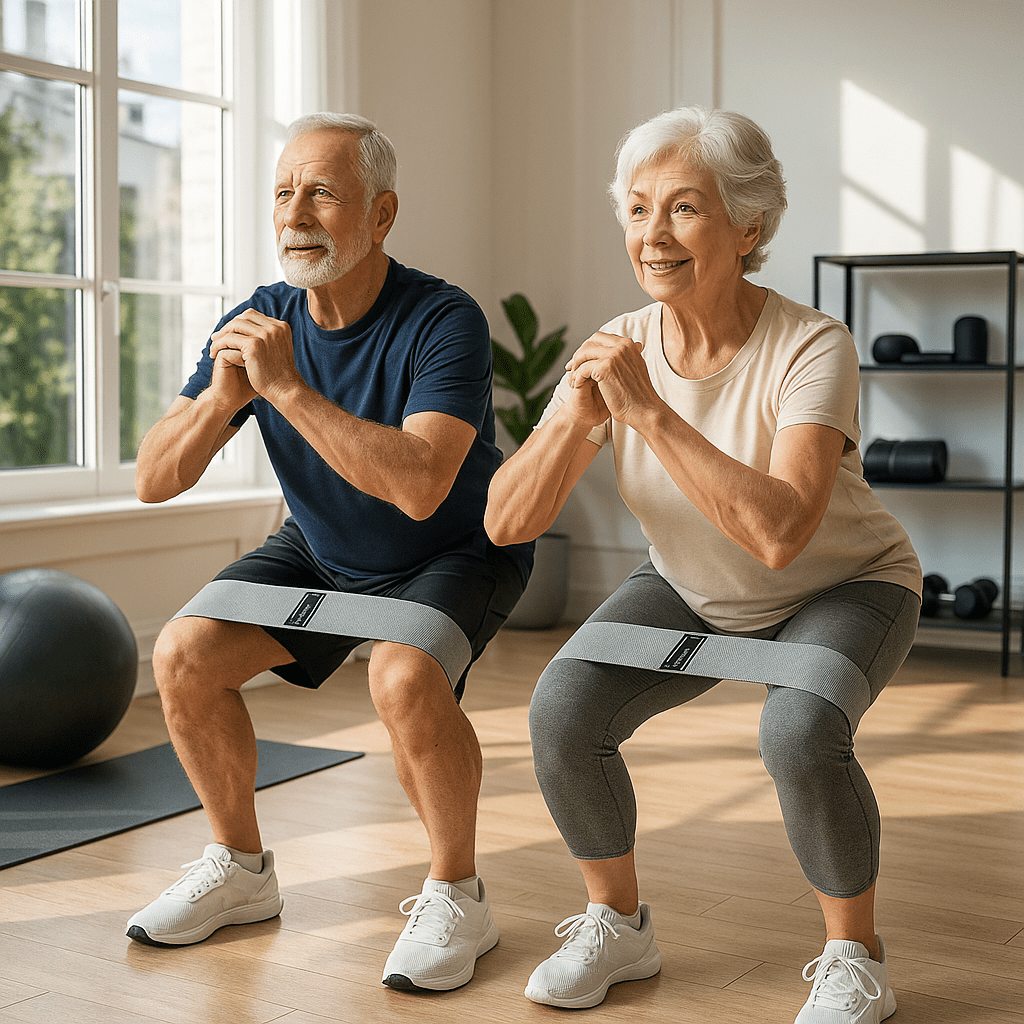 couple 70 ans pratique squat avec elastique  musculation au niveau des cuisses  