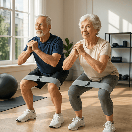 couple 70 ans pratique squat avec elastique  musculation au niveau des cuisses  