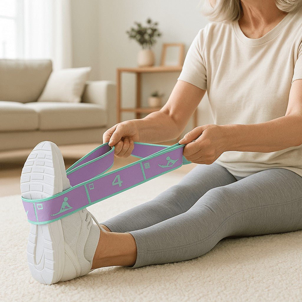 Élastique musculation SuperFlex femme de 5 ans pratique avec elastique aux pieds et assis