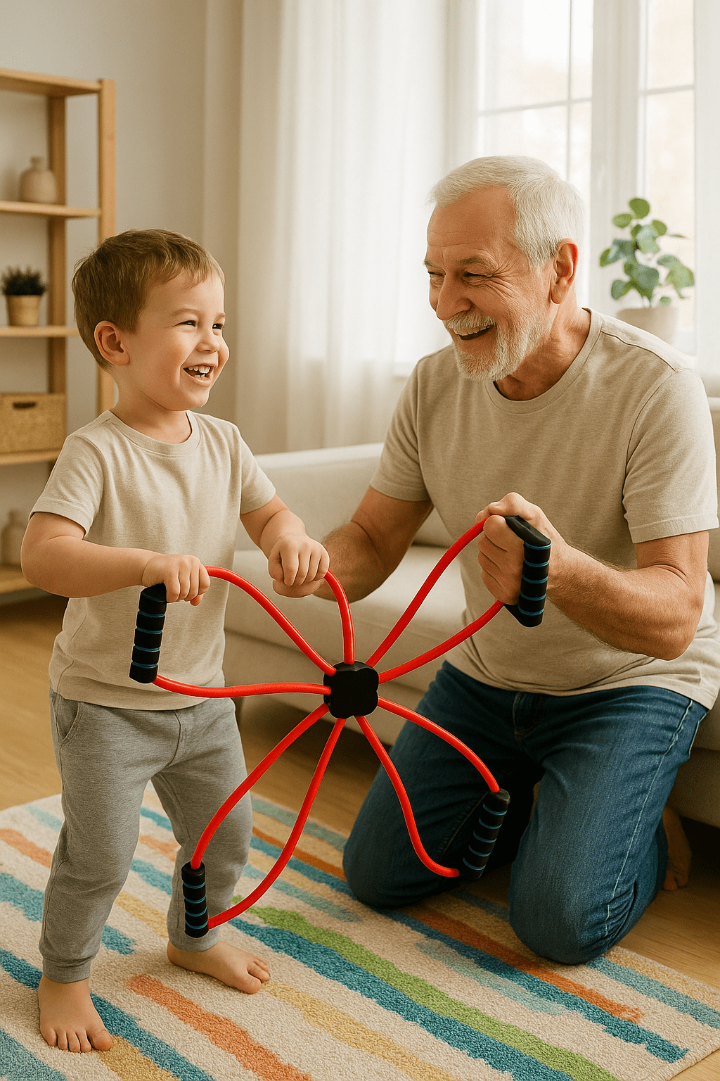 elastique musculation grandpere exerce avec petit fils