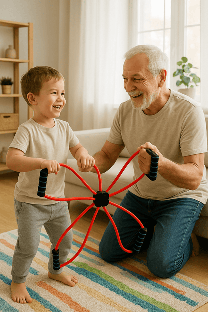 elastique musculation grandpere exerce avec petit fils