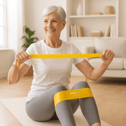femme 65 ans pratique exercice assise avec elastique musculation jaune densité médium