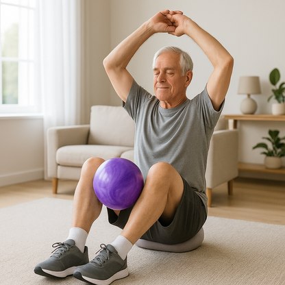 swiss ball homme de 70 ans pratique ballon entre genoux 