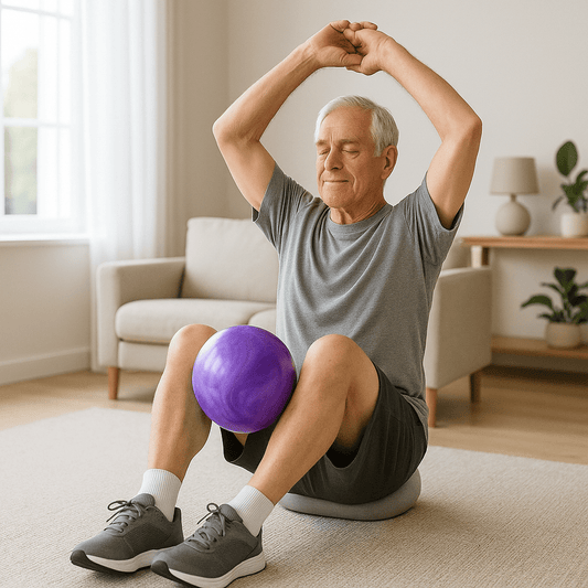swiss ball homme de 70 ans pratique ballon entre genoux 