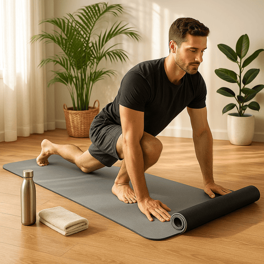 tapis de sport antiderapant gris avec homme qui fait exercice